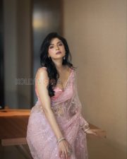 Enchanting Sanam Shetty Cleavage in a Pink Sheer Sequin Saree with Deep V Satin Blouse Photos 03