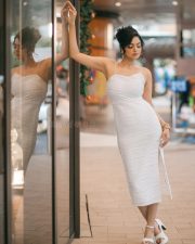 Glamorous Actress Sanam Shetty in a White Textured Bodycon Midi Dress Photos 03