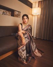 Actress Samyuktha Menon in a Dark Traditional Handloom Silk Saree with a Simple Sleeveless Black Blouse Pictures 02
