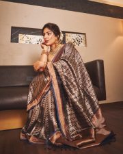 Actress Samyuktha Menon in a Dark Traditional Handloom Silk Saree with a Simple Sleeveless Black Blouse Pictures 03