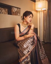 Actress Samyuktha Menon in a Dark Traditional Handloom Silk Saree with a Simple Sleeveless Black Blouse Pictures 06