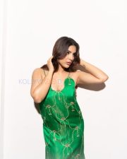 Alluring Samyuktha Menon Cleavage in a Green Embroidered Satin Dress Photos 06