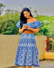 Beautiful Shweta Tiwari in a Blue Ruched Designer Off Shoulder Dress Pictures 01