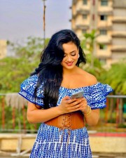 Beautiful Shweta Tiwari in a Blue Ruched Designer Off Shoulder Dress Pictures 03