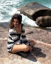 Delightful Actress Shreya Dhanwanthary in a Black and White Crochet Wave Dress Photos 04