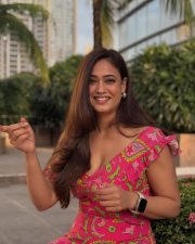 Delightful Actress Shweta Tiwari in a Pink Paisley Wrap Dress Photos 03