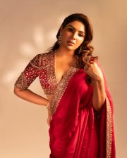 Elegant Actress Samyuktha Menon in a Designer Red Saree with Embroidered Blouse Photos 02