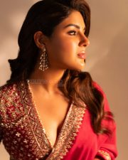 Elegant Actress Samyuktha Menon in a Designer Red Saree with Embroidered Blouse Photos 03