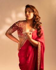 Elegant Actress Samyuktha Menon in a Designer Red Saree with Embroidered Blouse Photos 08