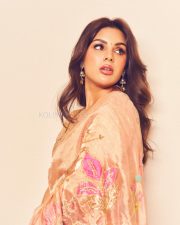Elegant Actress Samyuktha Menon in a Peach Floral Embroidered Saree Photos 01 Elegant Actress Samyuktha Menon in a Peach Floral Embroidered Saree Photos 01