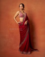 Greater Kalesh Heroine Ahsaas Channa in a Deep Red Saree with a Halter Neck Backless Blouse Pictures 04