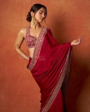 Greater Kalesh Heroine Ahsaas Channa in a Deep Red Saree with a Halter Neck Backless Blouse Pictures 05