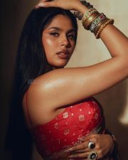 Heroine Faria Abdullah in a Red Designer Saree with a Matching Berry Blouse Photos 02