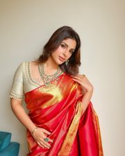 Magnificent Actress Samyuktha Menon in a Red Gold Kanjivaram Silk Saree Ivory Embroidered Blouse Photos 01 Magnificent Actress Samyuktha Menon in a Red Gold Kanjivaram Silk Saree Ivory Embroidered Blouse Photos 01