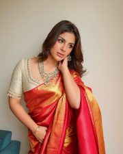 Magnificent Actress Samyuktha Menon in a Red Gold Kanjivaram Silk Saree Ivory Embroidered Blouse Photos 03 Magnificent Actress Samyuktha Menon in a Red Gold Kanjivaram Silk Saree Ivory Embroidered Blouse Photos 03