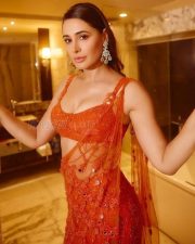 Sexy Nargis Fakhri in a Tangerine Orange Netted Drape Saree Photos 03
