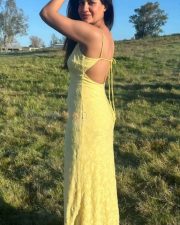 Sexy Shreya Dhanwanthary Busty in a Yellow Backless Maxi Slip Dress Photos 01