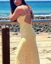 Sexy Shreya Dhanwanthary Busty in a Yellow Backless Maxi Slip Dress Photos 02