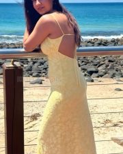 Sexy Shreya Dhanwanthary Busty in a Yellow Backless Maxi Slip Dress Photos 02