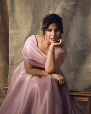 Sophisticated Actress Samyuktha Menon in a Dusty Pink Off Shoulder Organza Gown Photos 01