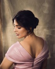 Sophisticated Actress Samyuktha Menon in a Dusty Pink Off Shoulder Organza Gown Photos 03