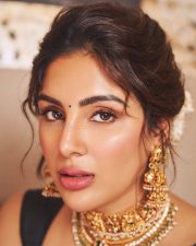 South Indian Actress Samyuktha Menon in an Orange Silk Saree with a Sleeveless Deep Maroon Blouse Photos 02