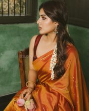 South Indian Actress Samyuktha Menon in an Orange Silk Saree with a Sleeveless Deep Maroon Blouse Photos 07