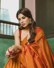 South Indian Actress Samyuktha Menon in an Orange Silk Saree with a Sleeveless Deep Maroon Blouse Photos 08