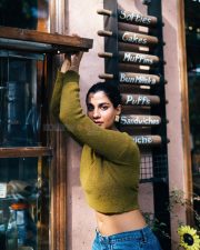 Stylish Shreya Dhanwanthary in an Olive Green Crop Top and Blue Jeans Photos 02