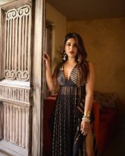 Swayambhu Heroine Samyuktha Menon in a Black Tamma Brocade Silk Pleated Dress Pictures 03