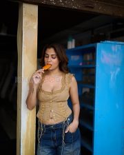 Winsome Actress Shreya Dhanwanthary in a Tan Lace Up Corset Top and Wide Leg Blue Jeans Photos 01