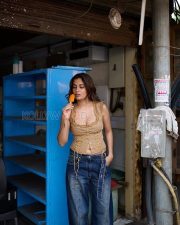Winsome Actress Shreya Dhanwanthary in a Tan Lace Up Corset Top and Wide Leg Blue Jeans Photos 02