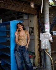 Winsome Actress Shreya Dhanwanthary in a Tan Lace Up Corset Top and Wide Leg Blue Jeans Photos 05