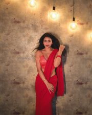 Bold and Beautiful Avantika Mishra in a Red Saree with a Sleeveless Thin Strap Blouse Photos 02