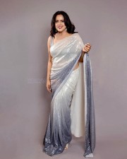 Actress Sameera Reddy in a Grey Georgette Sequined Embroidered Saree Photos 01