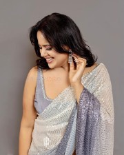 Actress Sameera Reddy in a Grey Georgette Sequined Embroidered Saree Photos 02