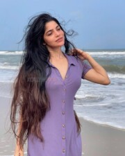 Beautiful Divya Bharathi in a Lavender Knee Length Dress at the Beach Photos 03