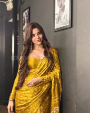 Dazzling Actress Divya Bharathi in a Mustard Bandhani Saree Photos 01