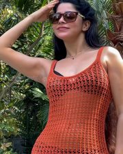 Erotic Divya Bharathi in a Black Bikini with an Orange Fishnet Mini Dress Pictures 01