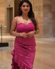 Gangster Alla Prankster Movie Heroie Megha Dayananda Viranika Shetty in a Pink Cocktail Party Dress with Thin Straps Photos 05