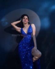 Glamorous Actress Divya Bharathi in a Blue Sequined V Neck Gown Photos 01