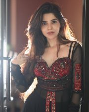 Mysterious Actress Divya Bharathi in a Red Embroidered Bustier with Black Sheer Overlay Skirt Photos 02