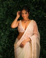Sensuous Riddhi Kumar in an Off White Floral Embroidered Net Saree with a Sleeveless Bustier Blouse Photos 01