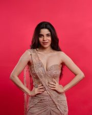 Sexy Stunner Divya Bharathi in a Champagne Gold Sequin One Shoulder Saree with a Strapless Cleavage Corset Blouse Photos 02