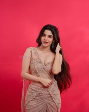 Sexy Stunner Divya Bharathi in a Champagne Gold Sequin One Shoulder Saree with a Strapless Cleavage Corset Blouse Photos 04