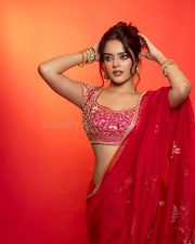 The RajaSaab Actress Riddhi Kumar in a Crimson Red Saree with a Red Sleeveless Blouse with a U Shaped Neckline Pictures 03