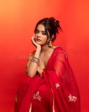The RajaSaab Actress Riddhi Kumar in a Crimson Red Saree with a Red Sleeveless Blouse with a U Shaped Neckline Pictures 07