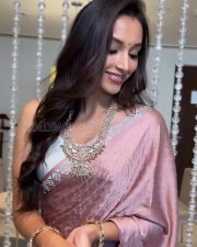 Beautiful Srinidhi Shetty in a Rose Gold Saree with a White Sleeveless Blouse Pictures 01