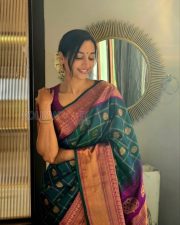 Luminous Actress Srinidhi Shetty in a Peacock Teal Kanjivaram Silk Saree Purple Border Photos 04 Luminous Actress Srinidhi Shetty in a Peacock Teal Kanjivaram Silk Saree Purple Border Photos 04