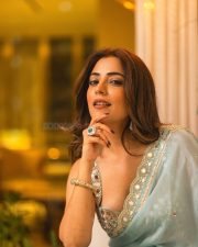 Beautiful Nisha Aggarwal in a Sky Blue Pleated Saree with a Sleeveless Embroidered Blouse Photos 01